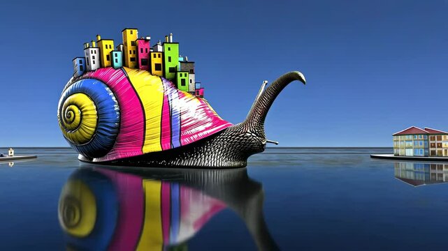 Colorful snail carrying vibrant city on its shell