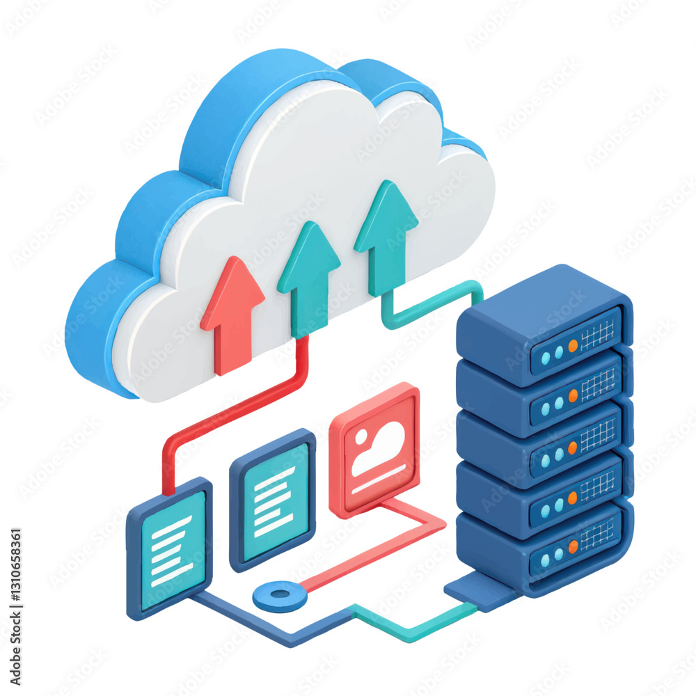 Poster 3D illustration of cloud computing with data transfer between cloud storage and servers, featuring colorful arrows and digital icons