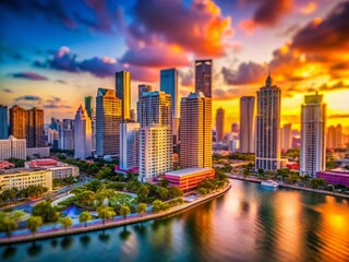 Fototapeta premium Miniature Miami Skyline: Tilt-Shift Cityscape at Sunset