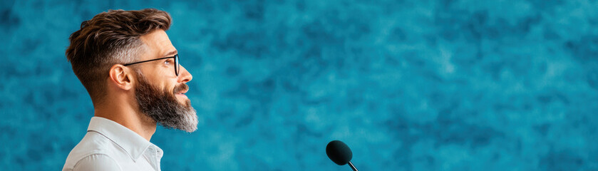 Fototapeta premium Man with a beard speaking at a microphone against a blue backdrop.