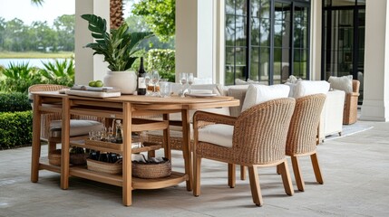 Contemporary outdoor bar cart positioned near a stylish outdoor dining set.