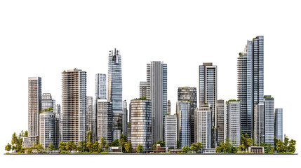 A modern city skyline featuring various skyscrapers and greenery, showcasing urban development and architectural diversity.