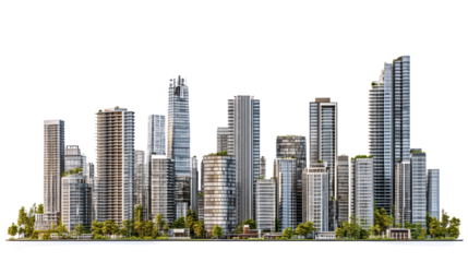 A modern city skyline featuring various skyscrapers and greenery, showcasing urban development and architectural diversity.