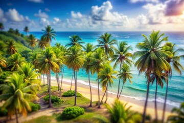 Fototapeta premium Miniature Palm Trees on Tropical Beach, Tilt-Shift Photography