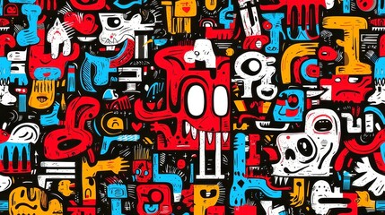 Amazonian Tribal Seamless Print, nature-inspired indigenous motifs, bold black outlines, simple solid colors, geometric style, vibrant cool and neon color palette