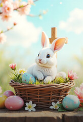 Peaceful Easter Morning – Bunny in Basket with Eggs and Cross in Sunlight