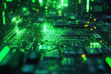 Fototapeta premium Futuristic green glowing circuit board with central processor.