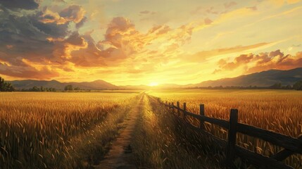 Obraz premium Scenic Golden Field at Sunset with Dramatic Clouds and Fence