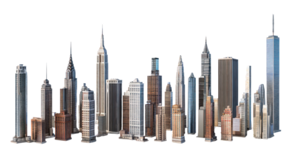 A stunning skyline featuring iconic skyscrapers on a white isolate background.