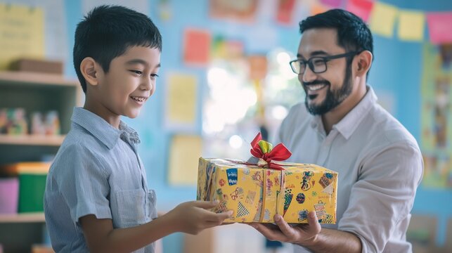 A student gives his teacher a present in classroom as a token of appreciation