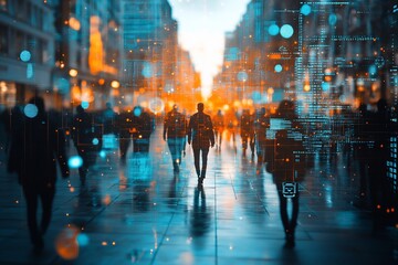 Silhouetted figures walking city street, overlaid with digital data streams.
