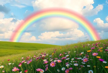 Pastel rainbow arch over lush green meadow, whimsical flowers, fluffy clouds, rainbow, meadow