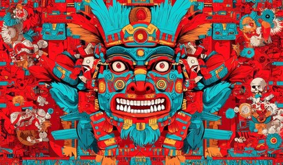 Fototapeta premium Aztec Sunstone Calendar Vector Design, intricate historical elements, bold black outlines, simple solid colors, cool neon palette, seamless geometric style, cultural art inspiration