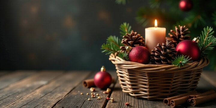 Warm candlelight illuminates a rustic wicker basket filled with festive ornaments and pine cones, creating a cozy winter scene on a wooden table