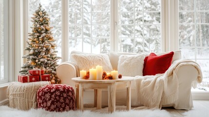Cozy winter-themed bar table near a holiday-decorated living room with candles.