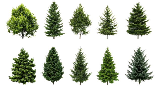 Collection of ten diverse evergreen trees on a white isolated background, showcasing natural beauty and variety.