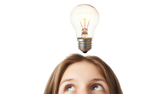 A girl thinking with a light bulb above her head, representing creativity and ideas.