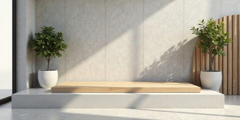 Minimalist interior design showcasing a light wood platform on a neutral concrete base, accented by potted plants and a slatted wooden wall feature, bathed in soft natural light.