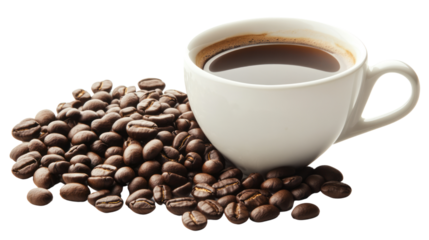 A steaming cup of coffee surrounded by roasted coffee beans on a white isolated background.