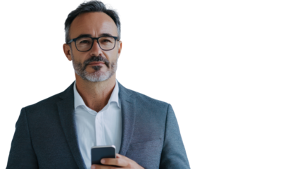 A confident middle-aged businessman stands holding a smartphone, dressed in a tailored suit, with a neutral expression.