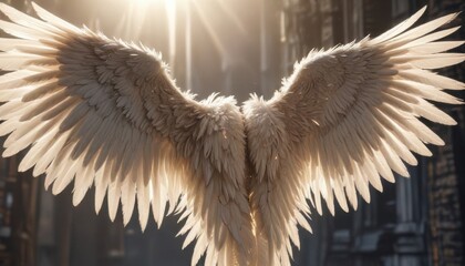 Angel's wings with feathers softly glowing in morning light, glow, morning, feathers