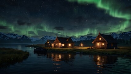 Mid-journey AI-generated depiction of Viking homes near water in a Viking environment with nighttime northern lights