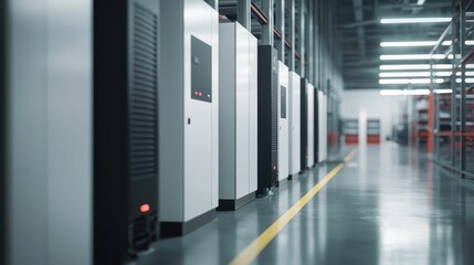 Naklejka premium Modern Battery Storage Units in High-Tech Facility Environment