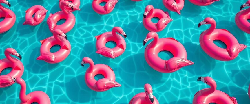 Pink flamingo floaties arranged in a vibrant mosaic pattern, party, floatie