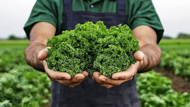 Farmer showcasing fresh green kale in a lush field
