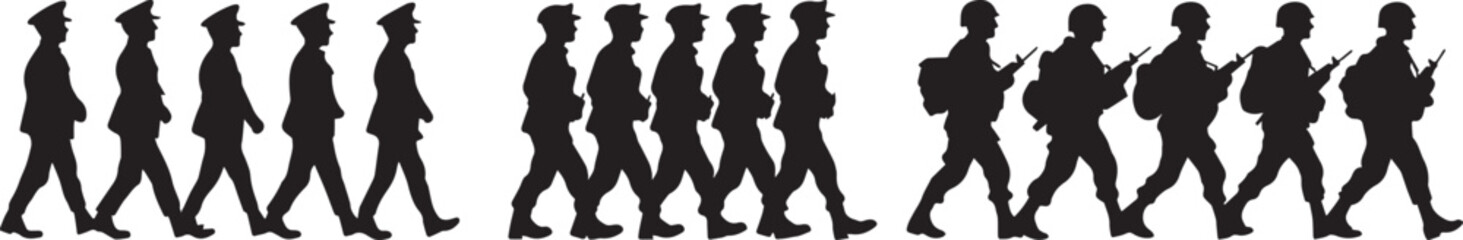 Silhouette group set of  military officers, marching in formation vector silhouette