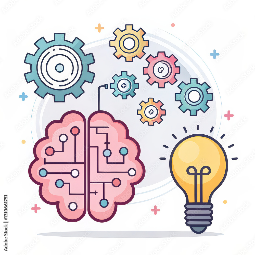 Poster colorful illustration of brain with gears and light bulb, symbolizing creativity and innovation. pla