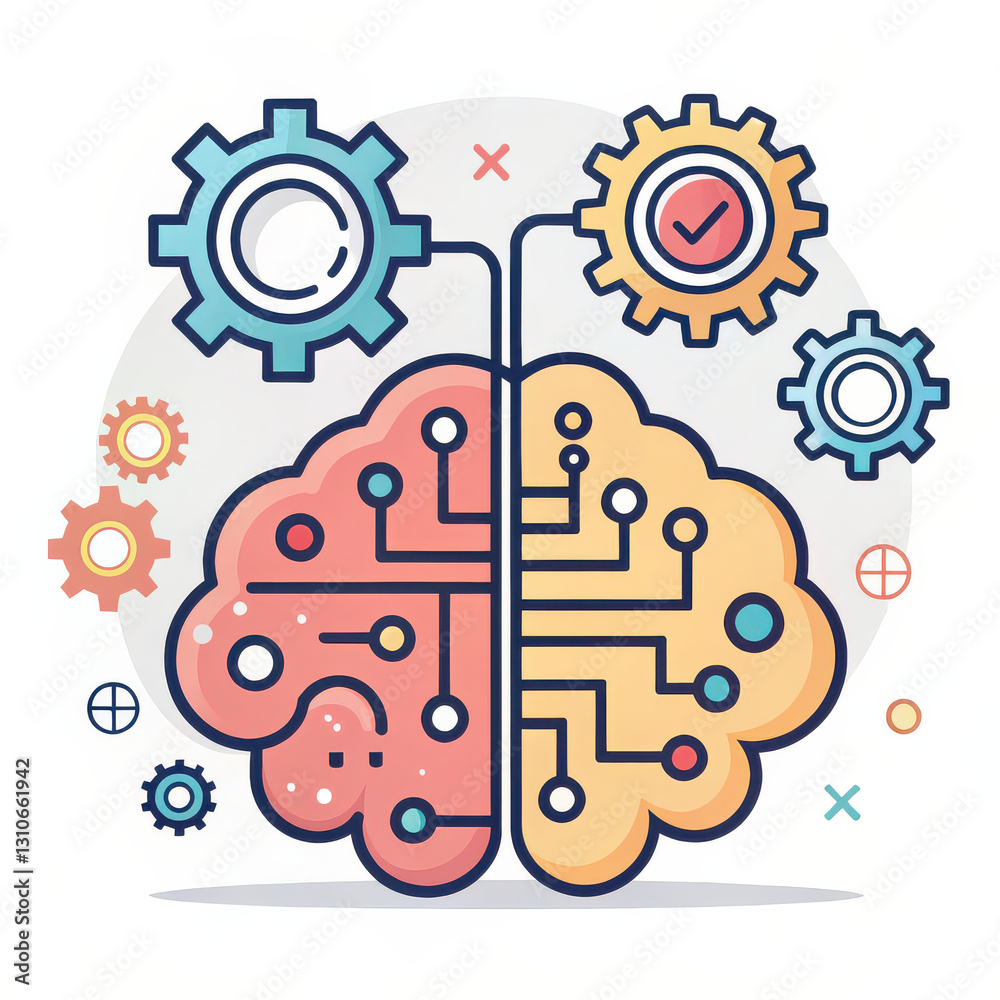 Poster colorful illustration of brain with gears and circuits symbolizes fusion of technology and human int
