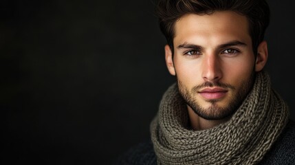 Naklejka premium Portrait of a man wearing a knitted scarf against a dark backdrop