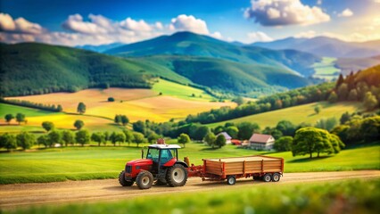 Miniature Tractor Harvesting in Mountain Valley - Tilt-Shift Photography