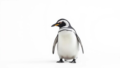 Fototapeta premium A single Gentoo penguin stands against a pure white background, animal photography, wildlife photography