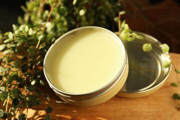 Natural solid perfume and plant on wood, closeup