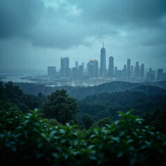 Rainy Cityscape View from Forested Hills at Dusk