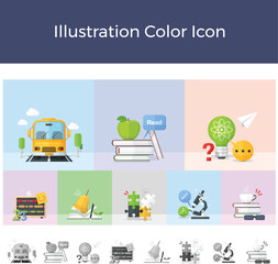 Fototapeta premium 2D illustration color icon study move read math custom puzzle research commute work microscope bio school bus