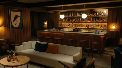 Intimate party bar setup with dim lighting, cozy seating, and a well-stocked table.