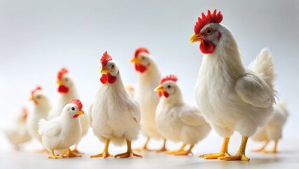 Fototapeta premium Miniature White Rooster and Hens, Farm Animals, Tilt-Shift Photography