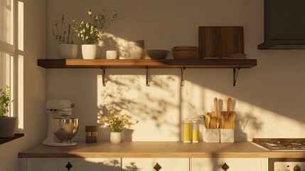 Japandi-inspired kitchen with a neutral palette, open shelves, and a clean countertop.