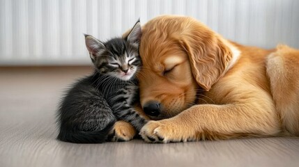Adorable Golden Retriever Puppy and Kitten Napping Together