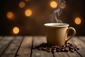 Warm beverage in a mug with roasted coffee beans on a rustic wooden surface, illuminated by soft warm lights