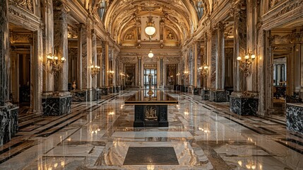Obraz premium Dramatic Marble Interior of Elegant Dining Hall with Opulent Design