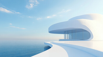 A white building with curved walls on the sea, a 3D rendering of an architectural design style