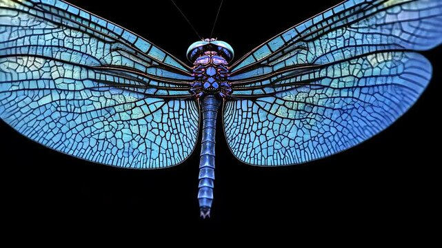 Stunning macro shot of a vibrant blue dragonfly with intricate wing patterns