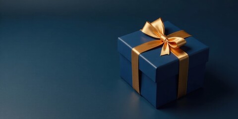 Obraz premium A luxuriously wrapped navy blue gift box adorned with a golden ribbon bow, perfect for a special occasion celebration