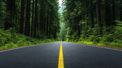 Fototapeta premium Serene forest road surrounded by tall trees inviting adventurers to explore the wonders of nature and wilderness