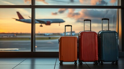 Three suitcases at airport with airplane landing during sunset in background