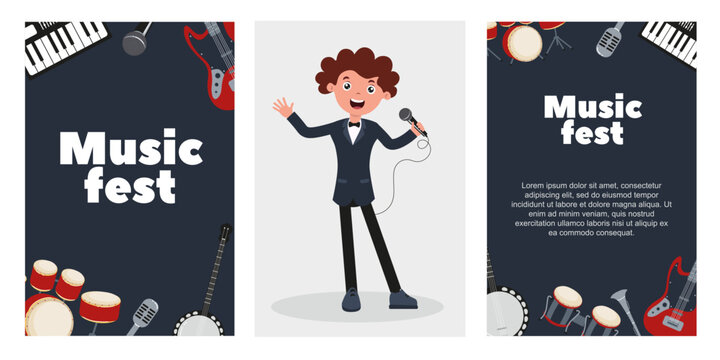 Music fest celebration with joyful performer and instruments in colorful design - Powered by Adobe